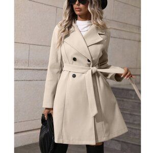 Beige Preppy Womens Lapel Neck Double Breasted Belted Overcoat